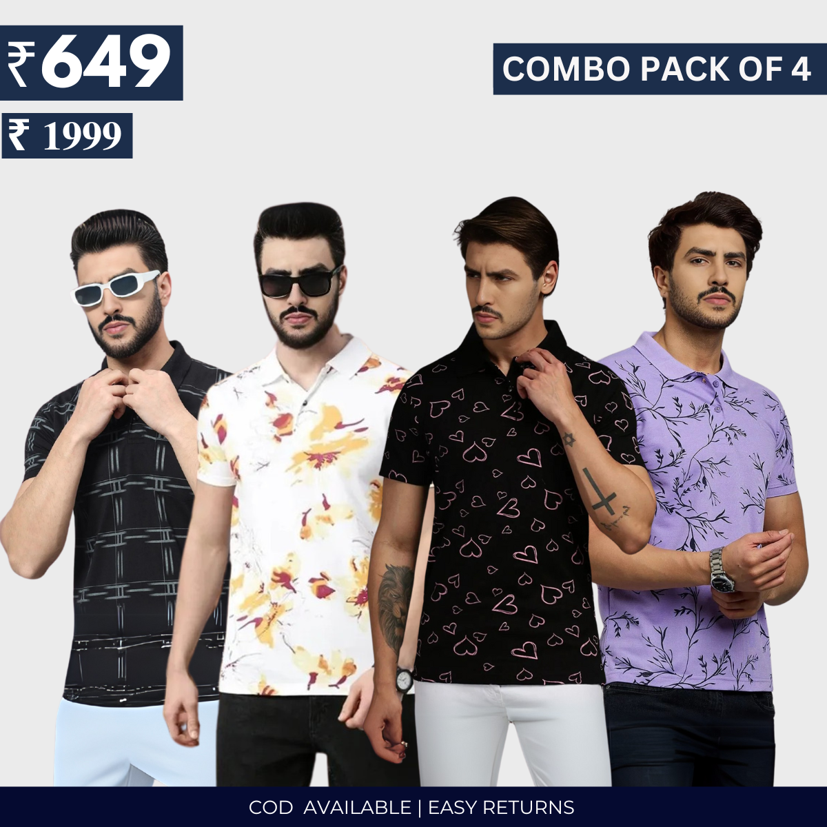 Combo Pack Of 4|Men's Style & Comfort Premium T-Shirts | Half Sleeves